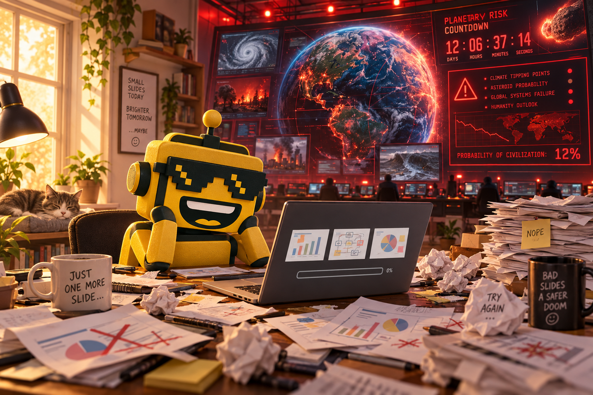 SiliconSnark robot studies failed presentation slides beneath a giant screen warning of an AI apocalypse.