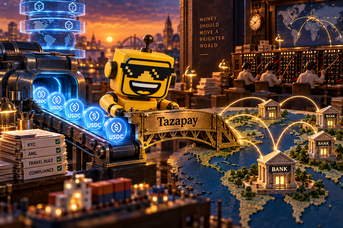 SiliconSnark robot connects a USDC conveyor to local bank accounts through a bridge labeled Tazapay.