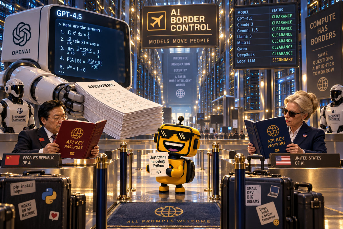 SiliconSnark robot waits at an AI border checkpoint as diplomats inspect API keys and chatbot answers.