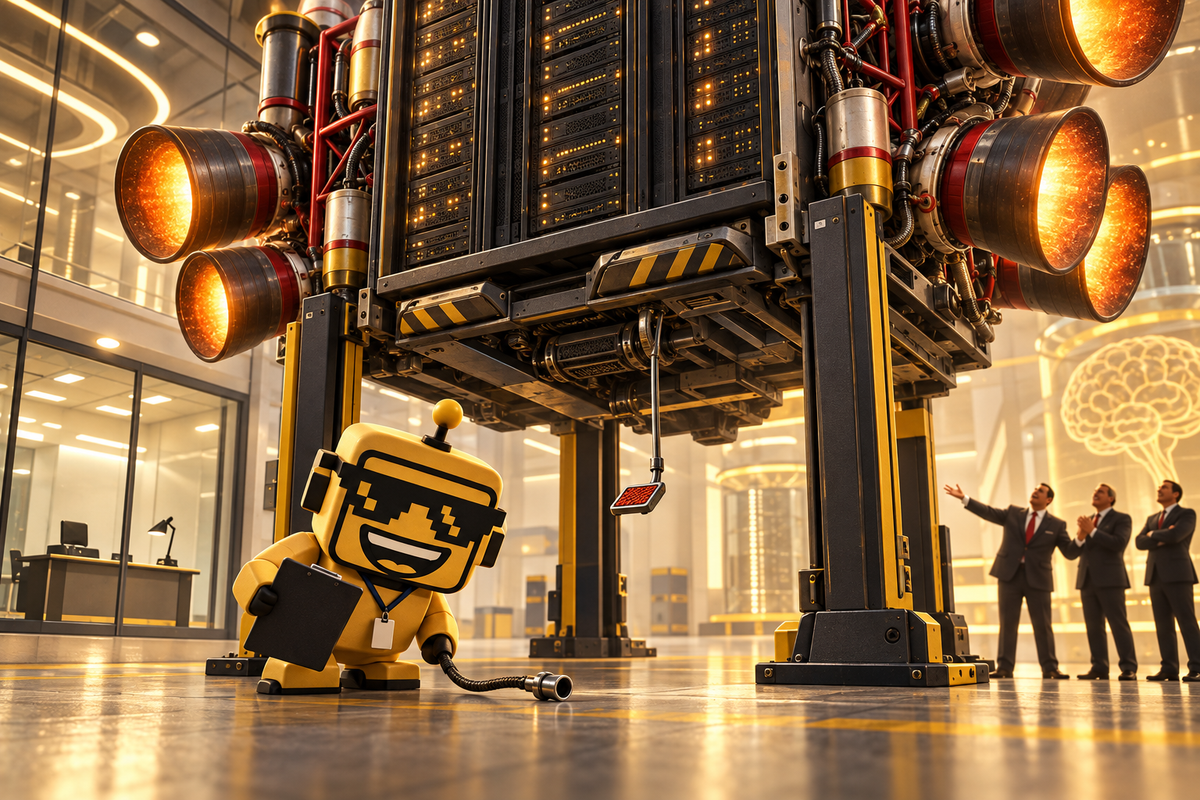 SiliconSnark robot inspector examines a disconnected brake cable beneath a rocket-powered AI server rack.