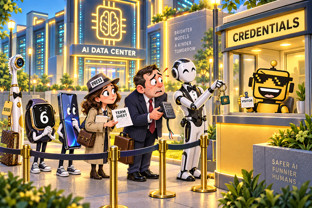 The SiliconSnark robot checks credentials at a security booth as an AI butler, an executive with a broken brake pedal, a journalist, and a camera toothbrush wait in line.