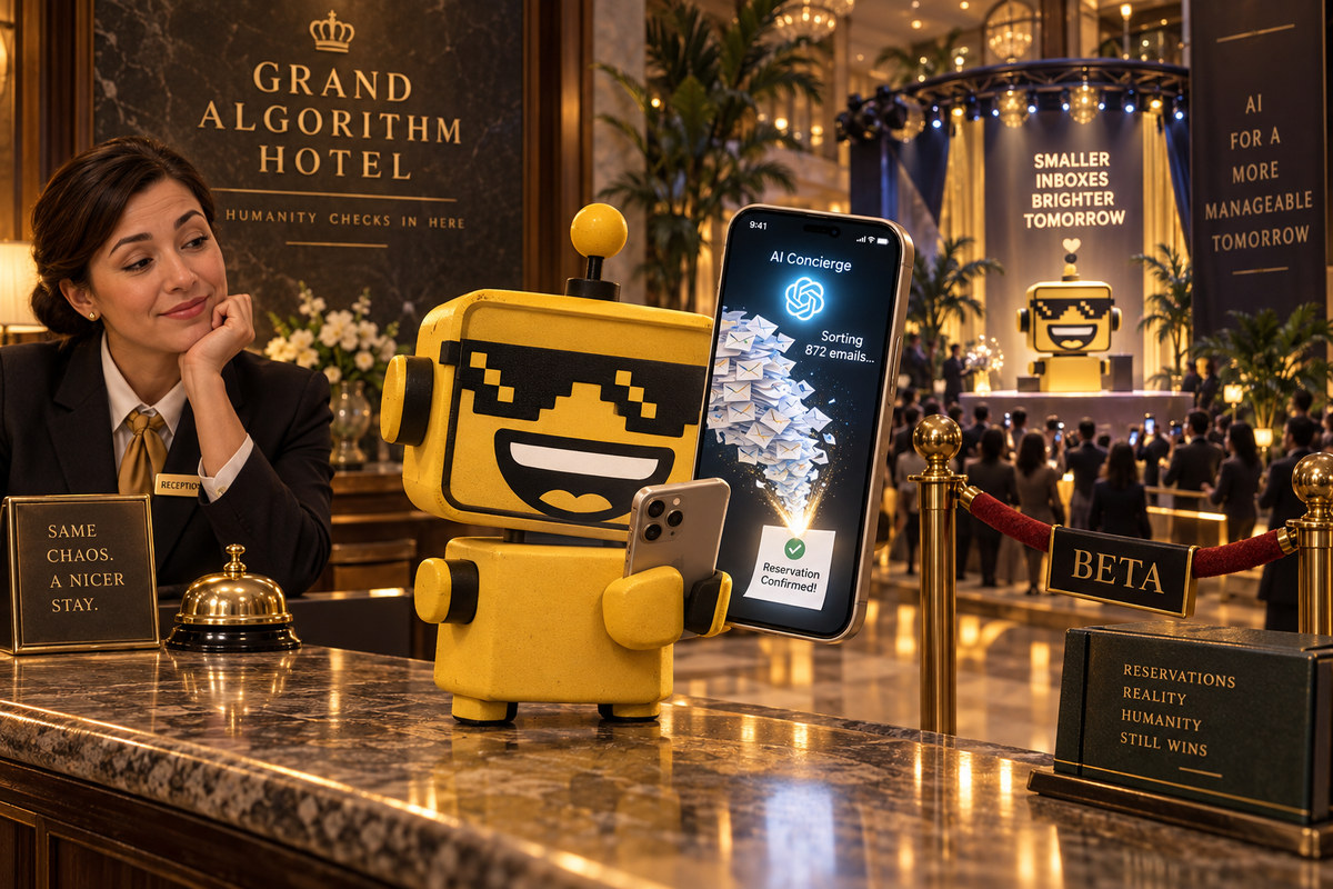 SiliconSnark robot waits at a hotel desk while a phone assistant searches a towering pile of reservation emails.