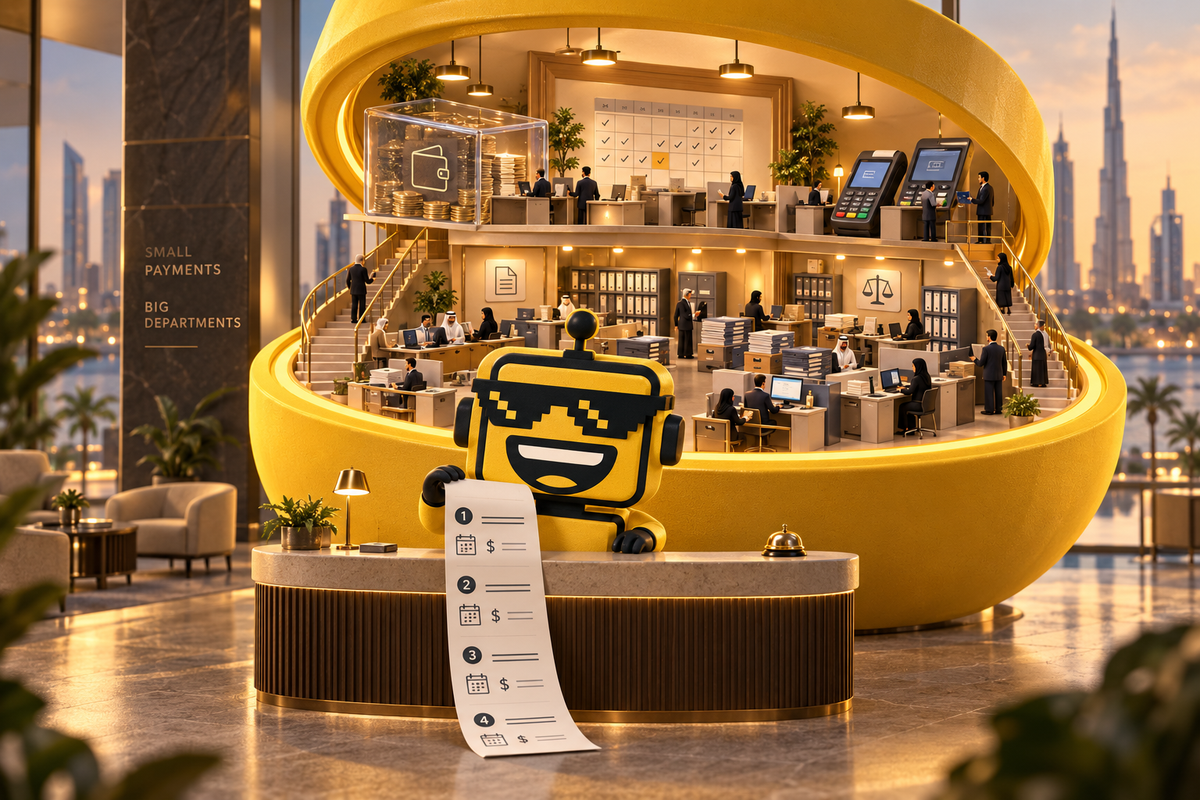 SiliconSnark robot beside a checkout button unfolding into offices for credit, cash and payments.