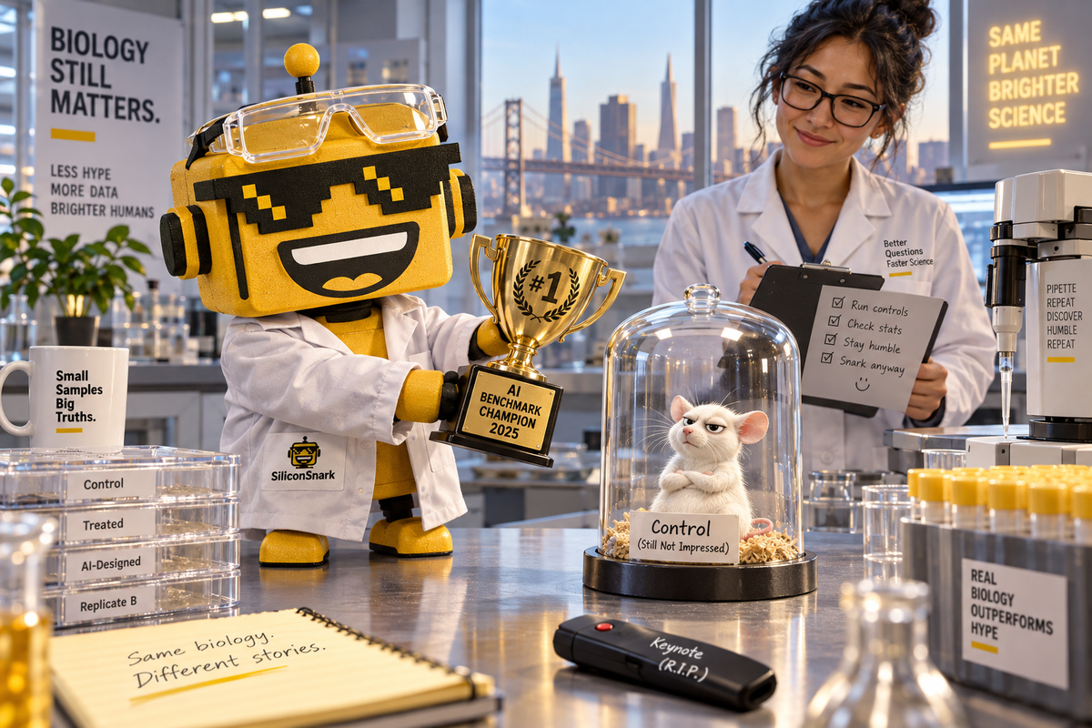 SiliconSnark robot offers an AI trophy to a lab sample while a scientist checks experimental results.