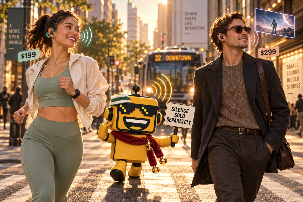 SiliconSnark’s robot compares Bose Sport and Ultra Open earbuds at a busy city crosswalk.