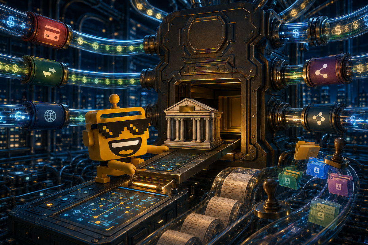 SiliconSnark robot installs a small bank inside a glowing payment-processing machine.