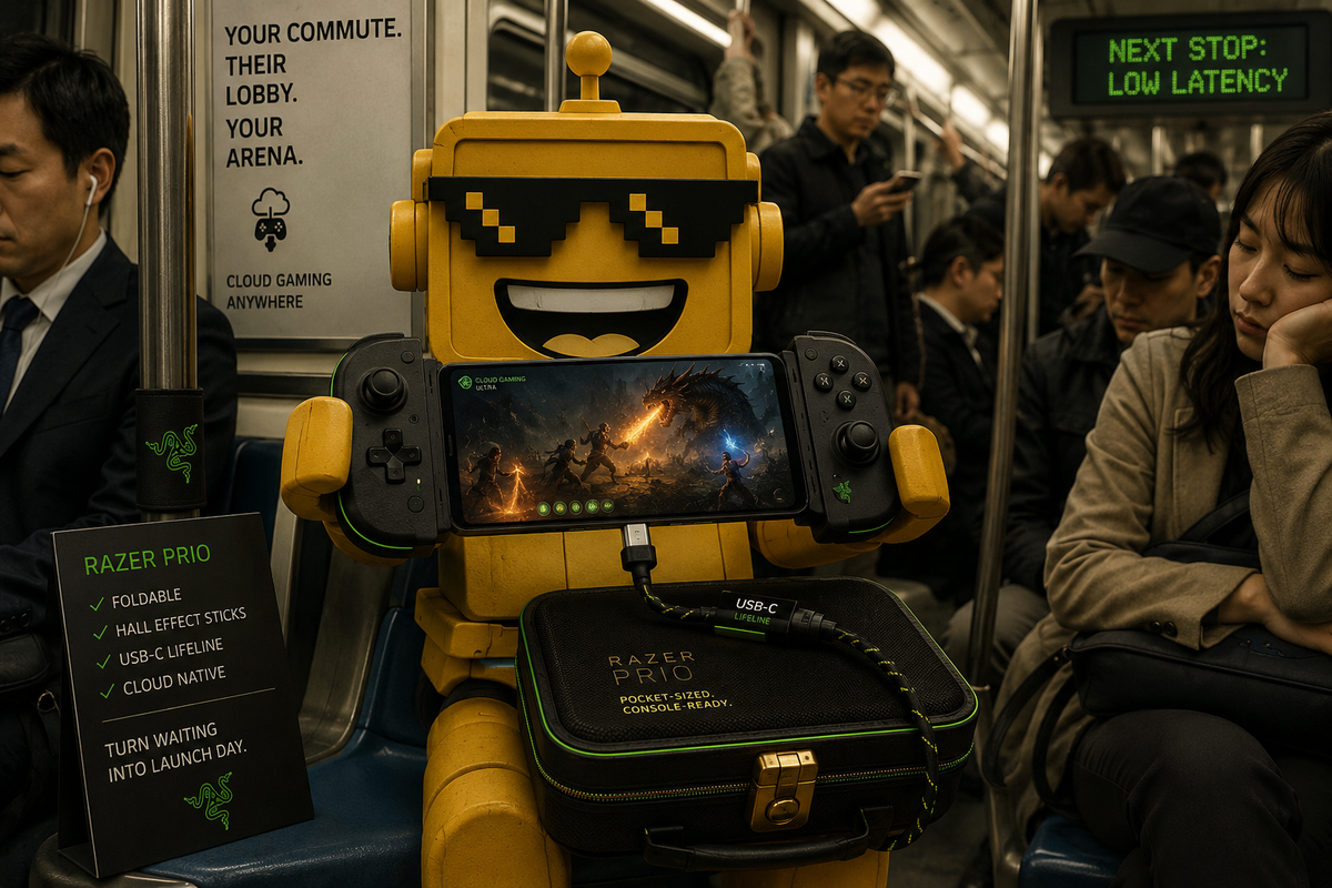 SiliconSnark robot unfolds a pocket-sized phone controller on a crowded train.