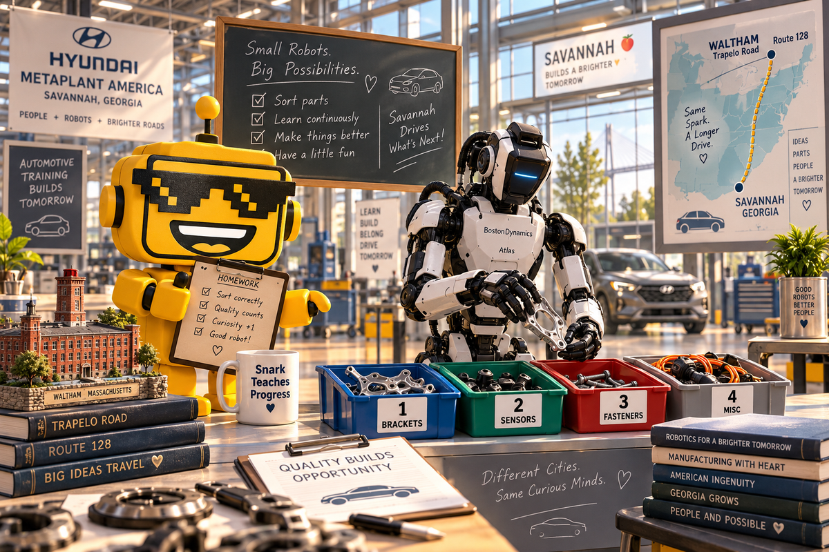  robot mascot supervises Atlas sorting car parts in a factory classroom with a Waltham-to-Georgia map.