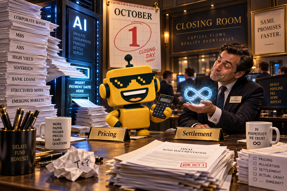 SiliconSnark robot checks bond paperwork beside an AI server and an oversized payment calendar.