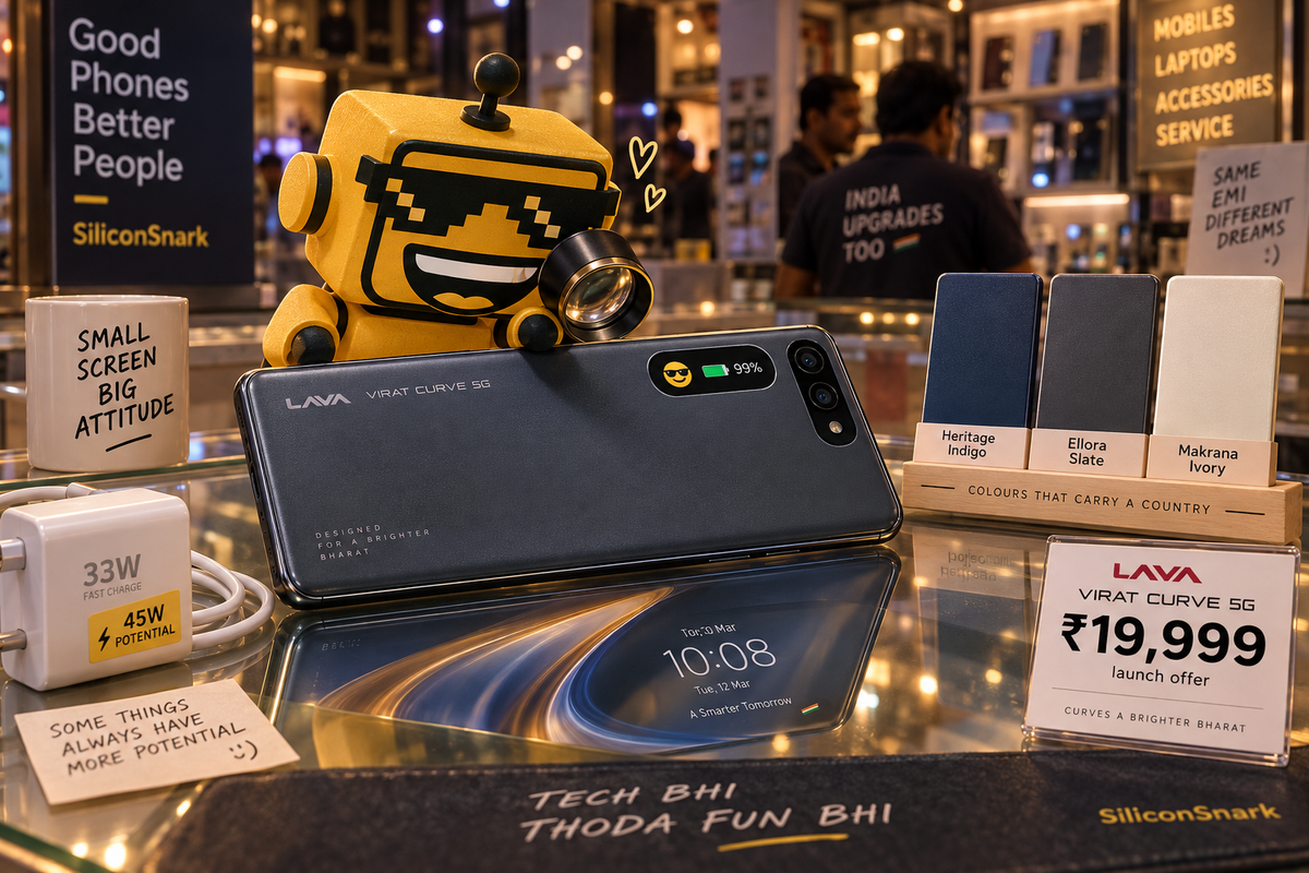 SiliconSnark’s robot inspects the Lava Virat Curve’s tiny rear display in an electronics shop.