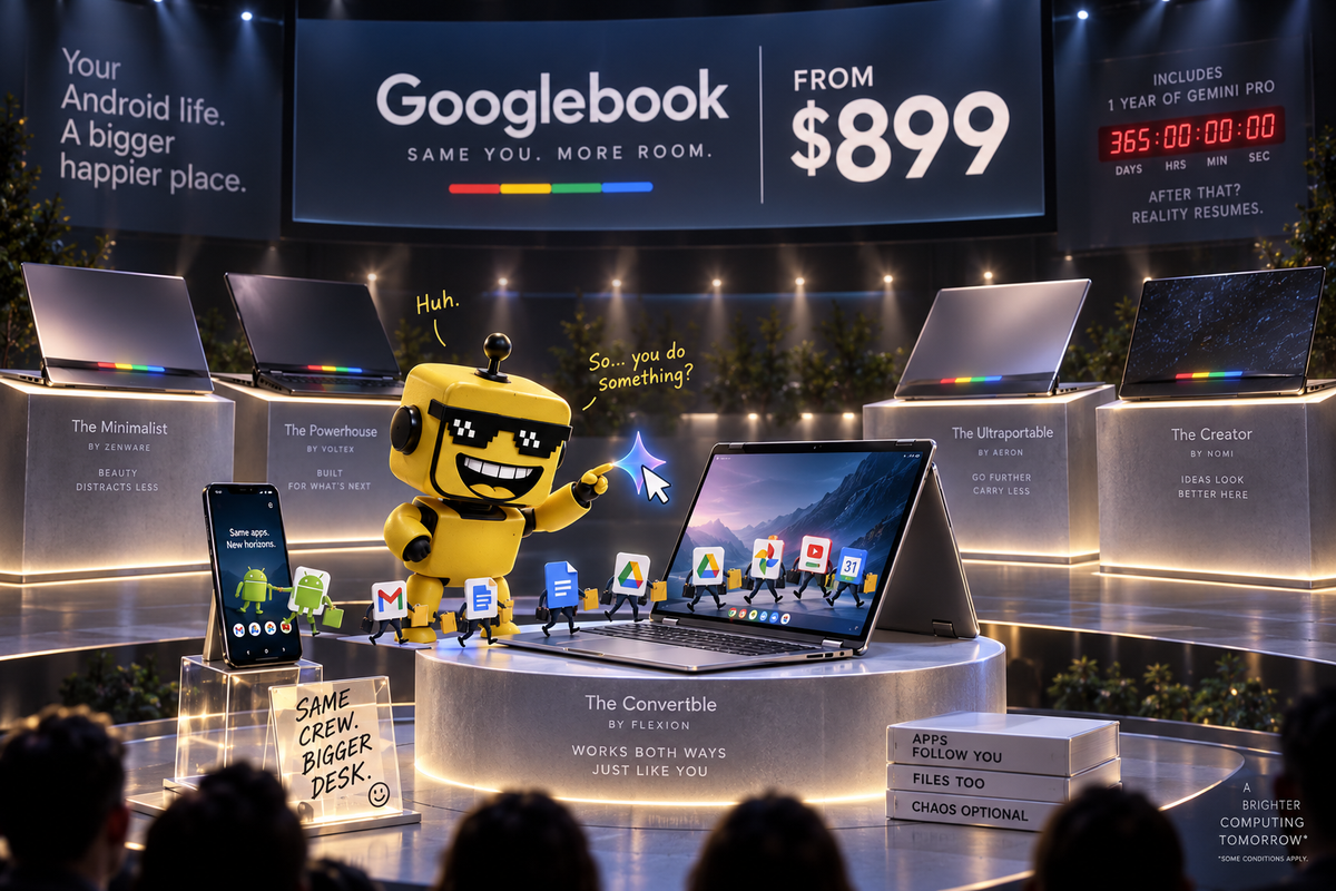 SiliconSnark’s mustard-yellow robot tests a Googlebook as Android apps move over from a phone.
