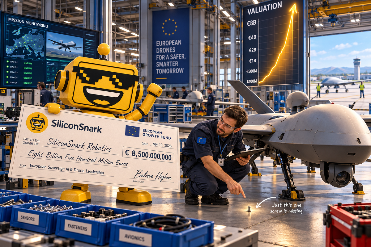 SiliconSnark robot holds an investment check beside a surveillance drone as a technician points to a missing screw.