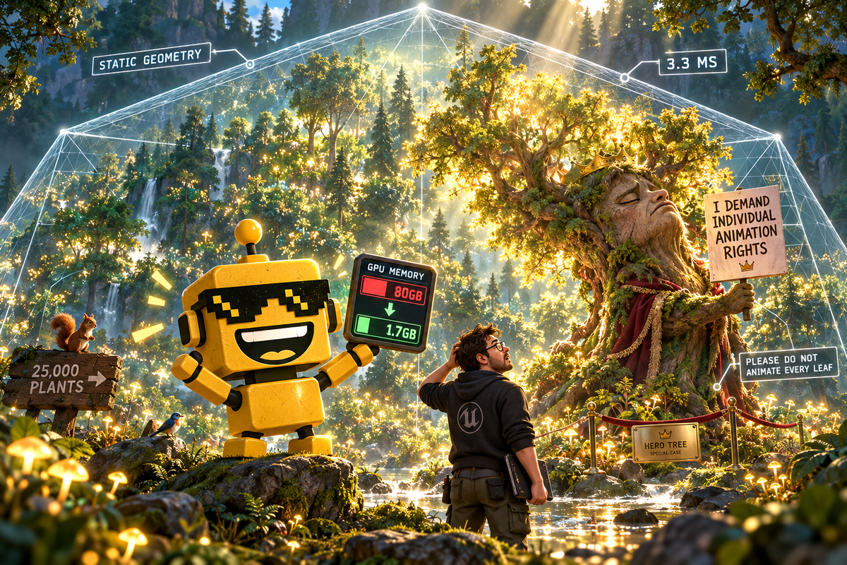 SiliconSnark robot celebrates a ray-traced forest enclosed in a glowing tetrahedral wireframe cage.