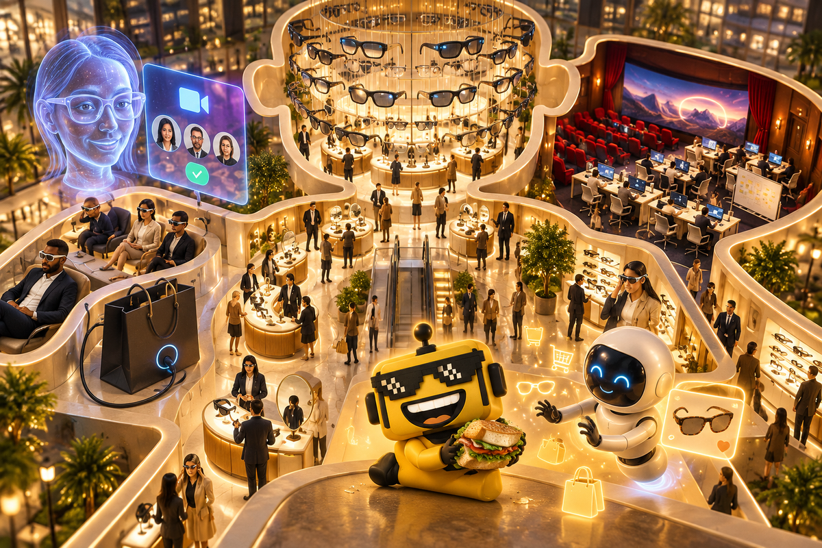 SiliconSnark’s yellow robot guards a sandwich amid smart glasses, AI assistants and a pocket-powered VR cinema.