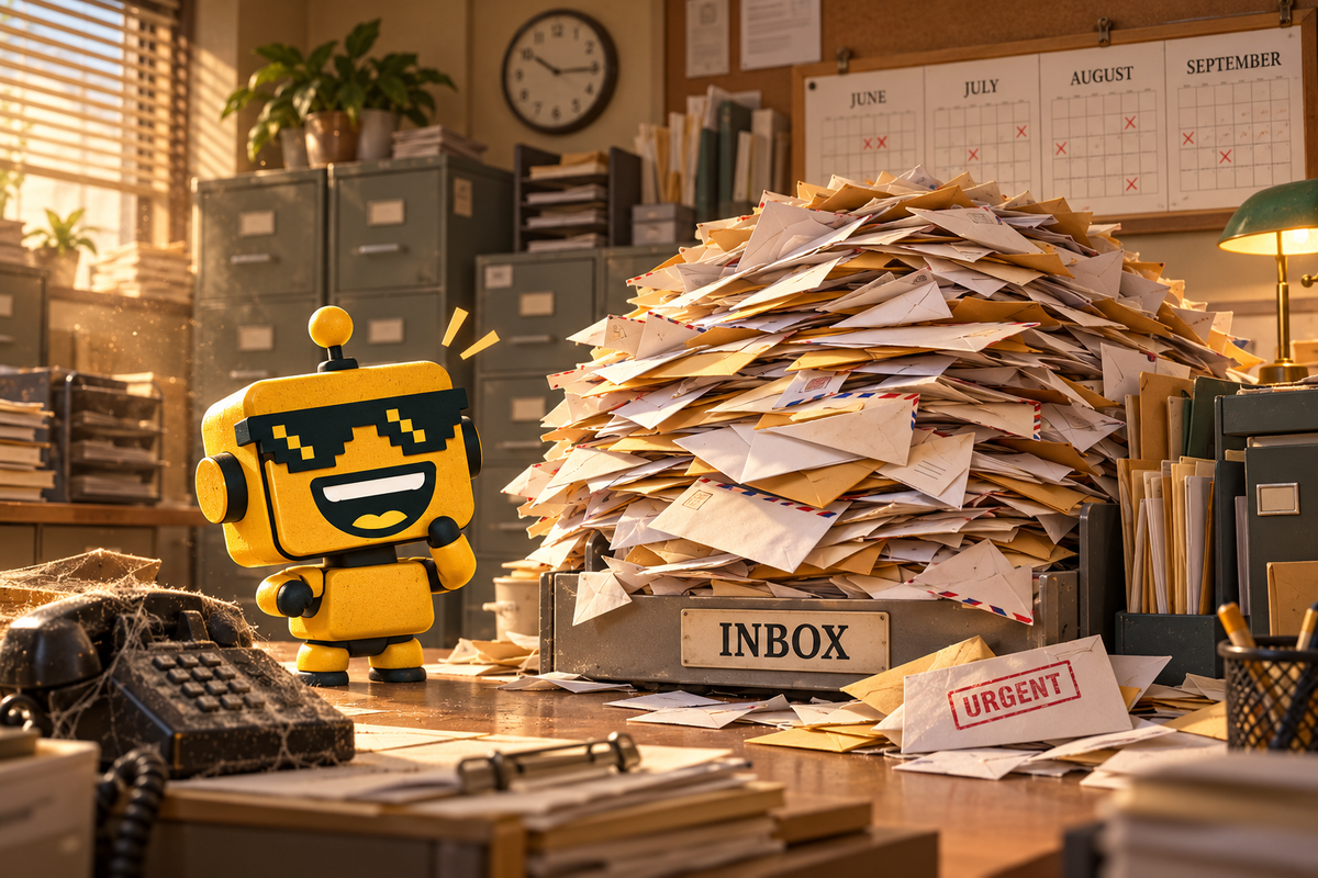 SiliconSnark robot studies an overflowing government email inbox beside a statistics terminal and dusty telephone.