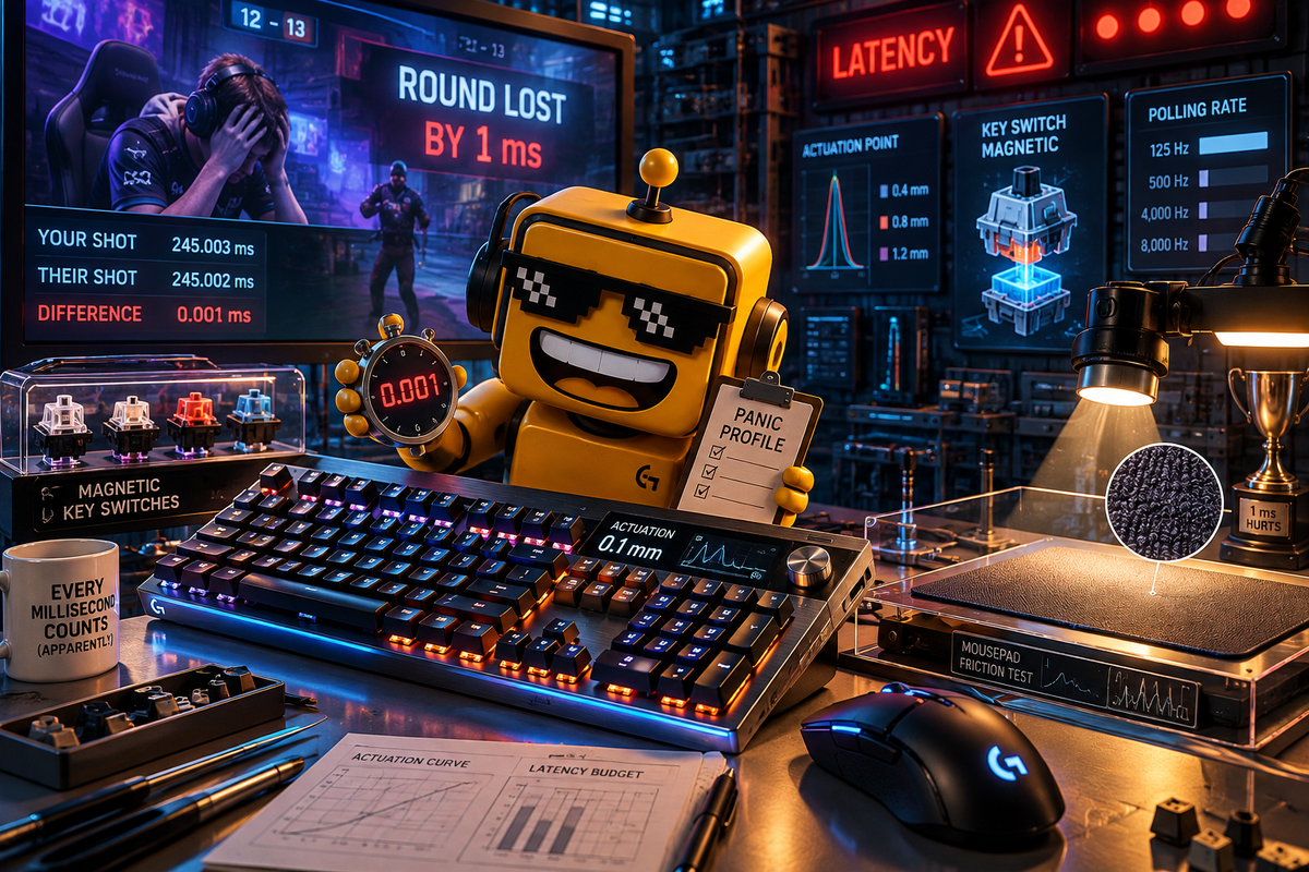 SiliconSnark robot calibrates a gaming keyboard and mouse in an overengineered esports lab.