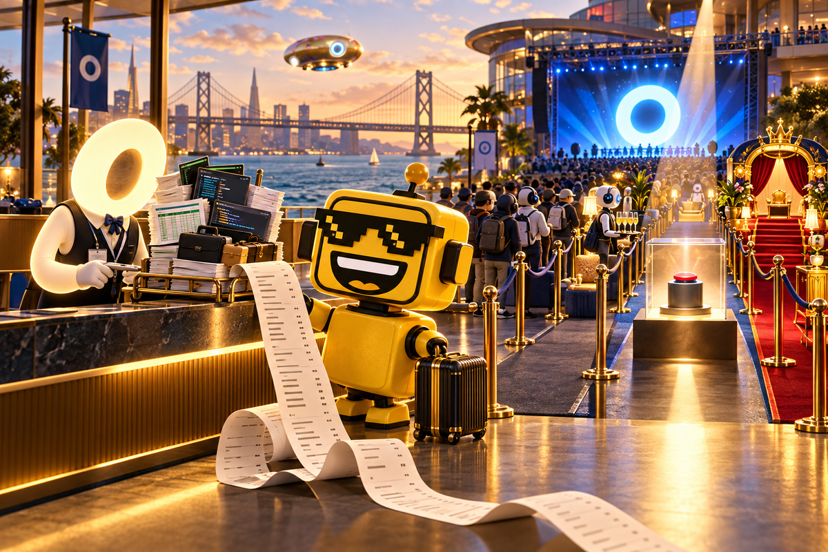 SiliconSnark robot at a premium AI check-in counter with a long receipt, an agent coworker, and velvet-rope access lanes.