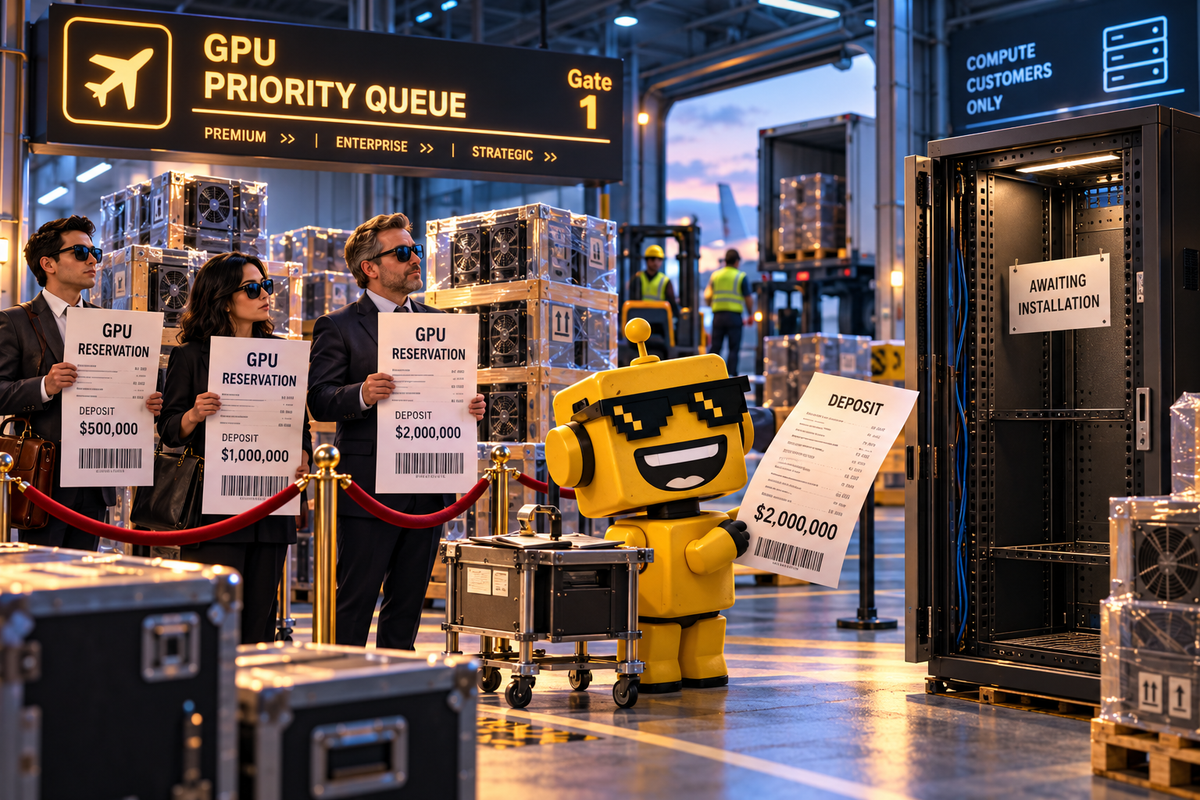 SiliconSnark robot checks a deposit receipt beside reserved GPU servers at a data-center loading dock.
