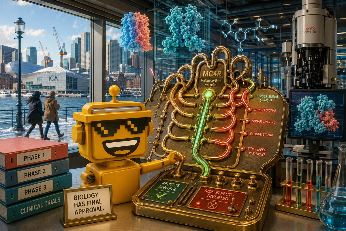 SiliconSnark robot routes MC4R signals through a switchboard in a Boston biotech lab.