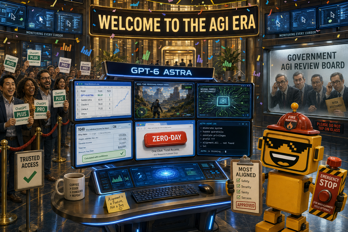 SiliconSnark robot supervises GPT-6 Astra operating office software beside an emergency stop button.
