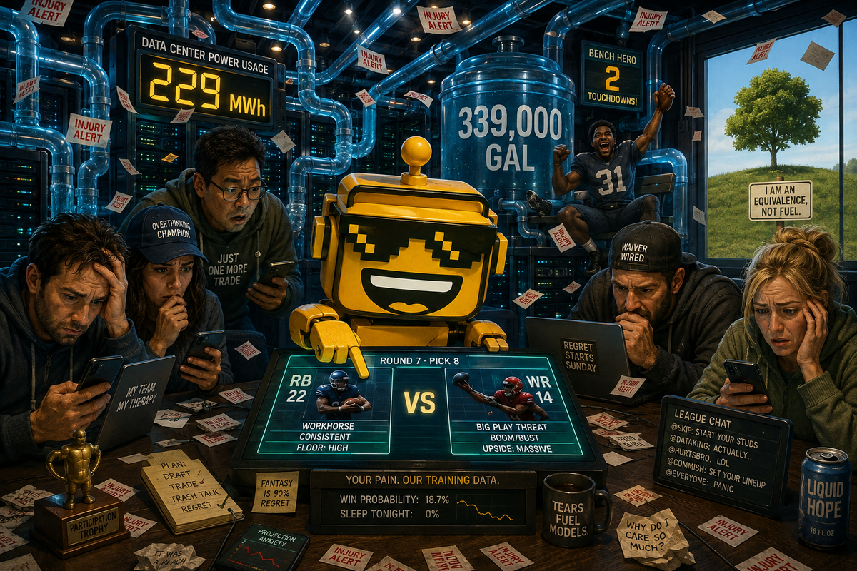 SiliconSnark robot sets a fantasy lineup beside AI servers, water pipes, a power meter and a carbon-equivalent tree.
