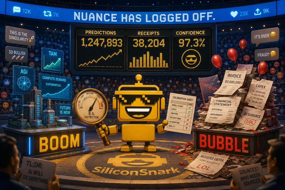 SiliconSnark robot referees an AI boom-versus-bubble debate with a calibration gauge and spreadsheet.