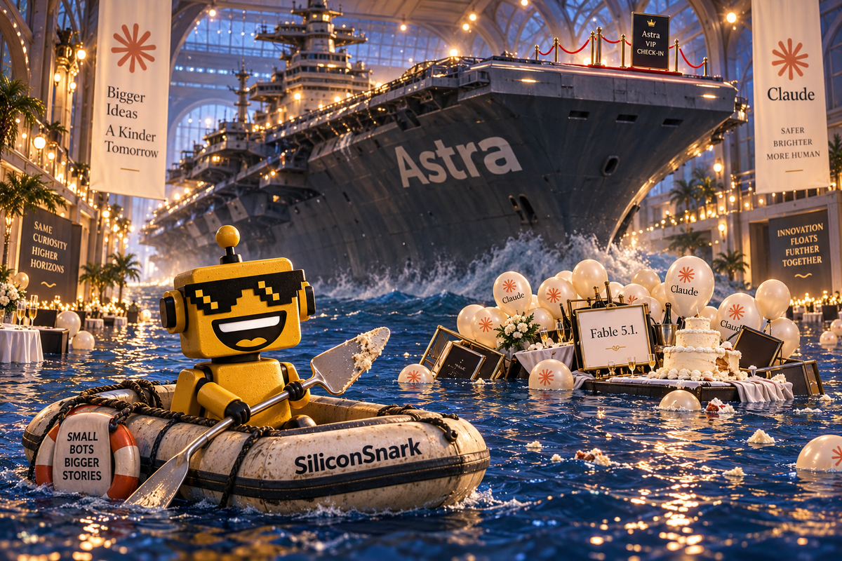 A giant Astra carrier swamps a Claude launch party as SiliconSnark’s yellow robot retrieves the cake.
