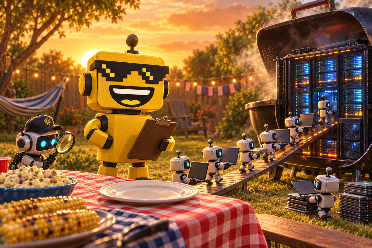 SiliconSnark's yellow robot supervises research bots beside a server-rack barbecue and an abandoned hammock.