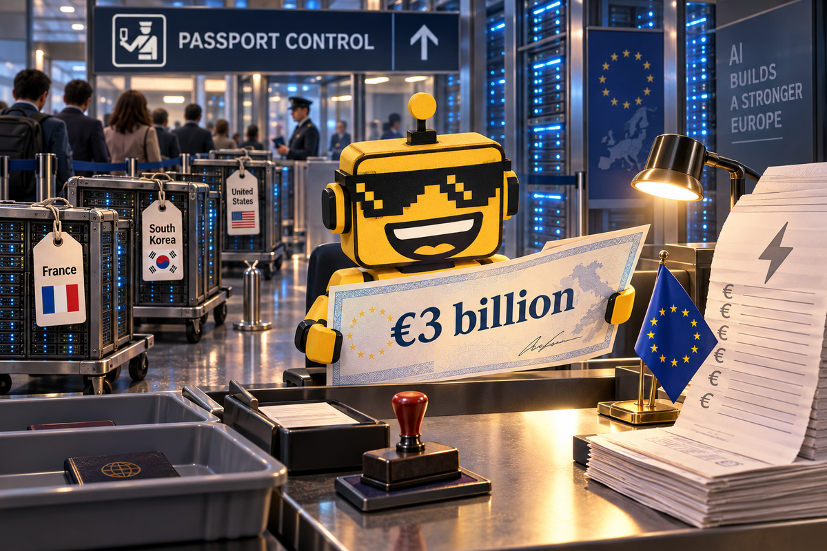 SiliconSnark robot inspects a €3 billion check as international server shipments enter a European data center.