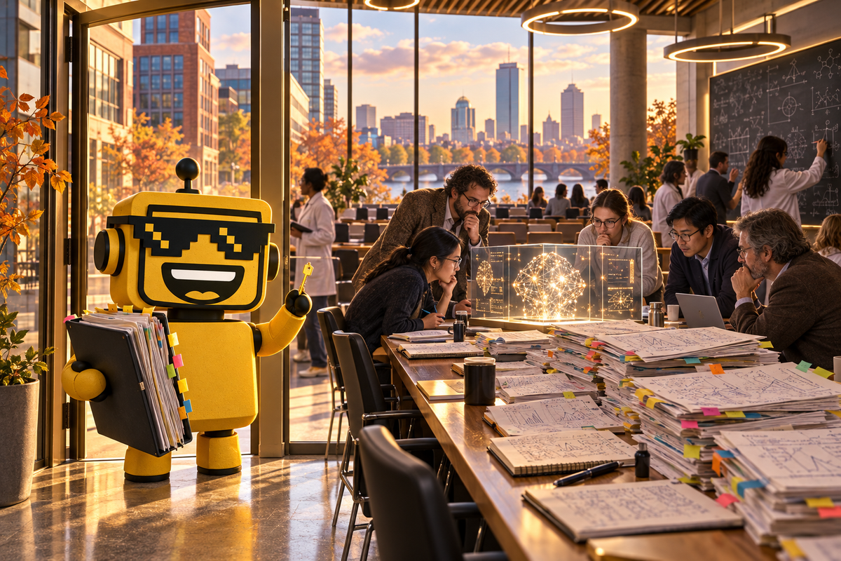 SiliconSnark robot welcomes an AI office to Kendall Square as scientists inspect research methods around a conference table.