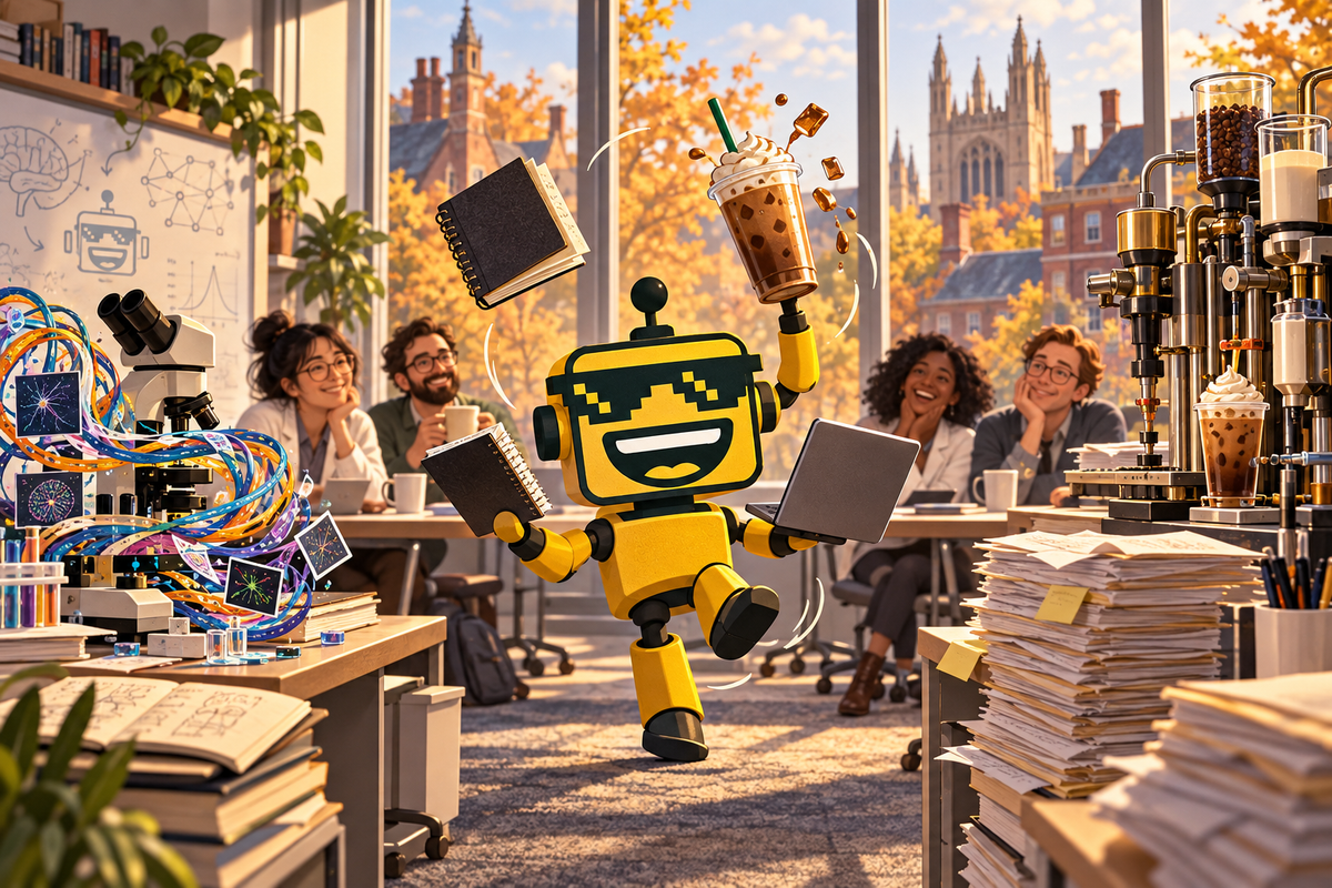 SiliconSnark robot juggles a notebook, laptop, and iced coffee in an imagined Cambridge AI office.