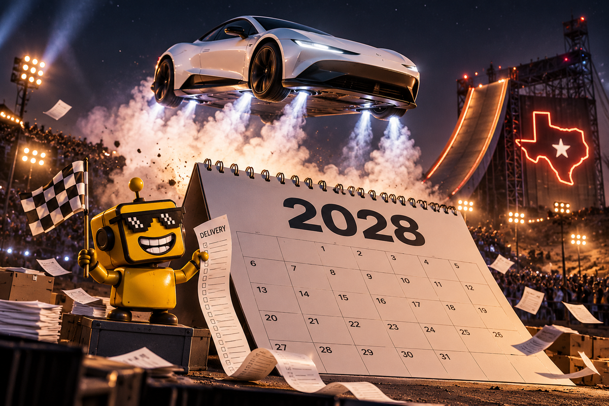 A white sports car hovers above a 2028 calendar as the yellow SiliconSnark robot holds a delivery receipt.