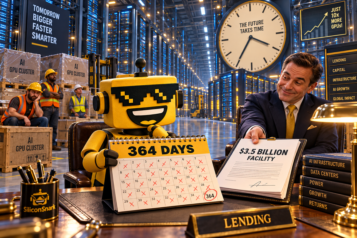 SiliconSnark robot studies a 364-day calendar beside a bank loan document and rows of AI servers.