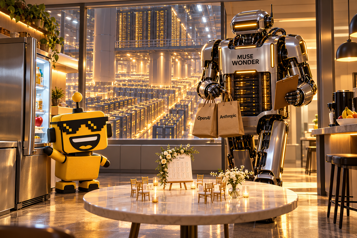 Muse Wonder robot carries OpenAI and Anthropic lunch bags past SiliconSnark’s yellow mascot in an AI lab break room.