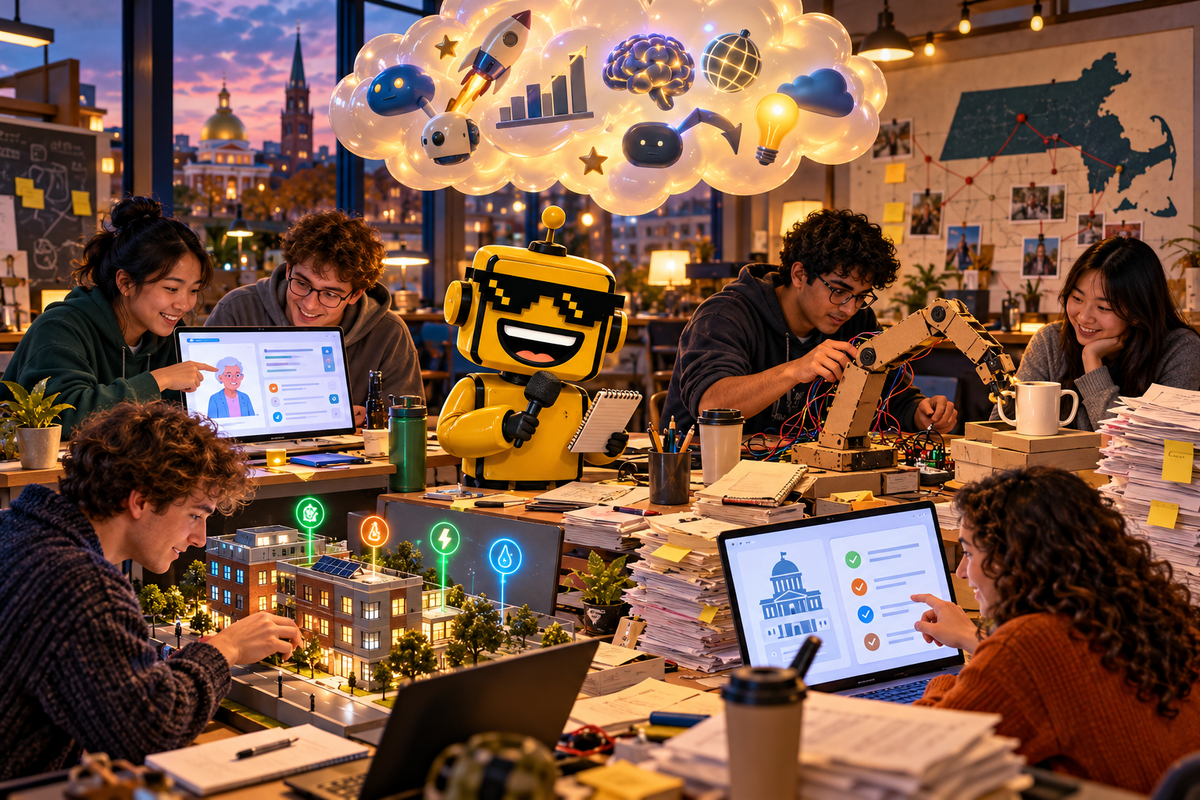  SiliconSnark’s yellow robot interviews students building healthcare, robotics, energy, and civic tools at a hackathon.