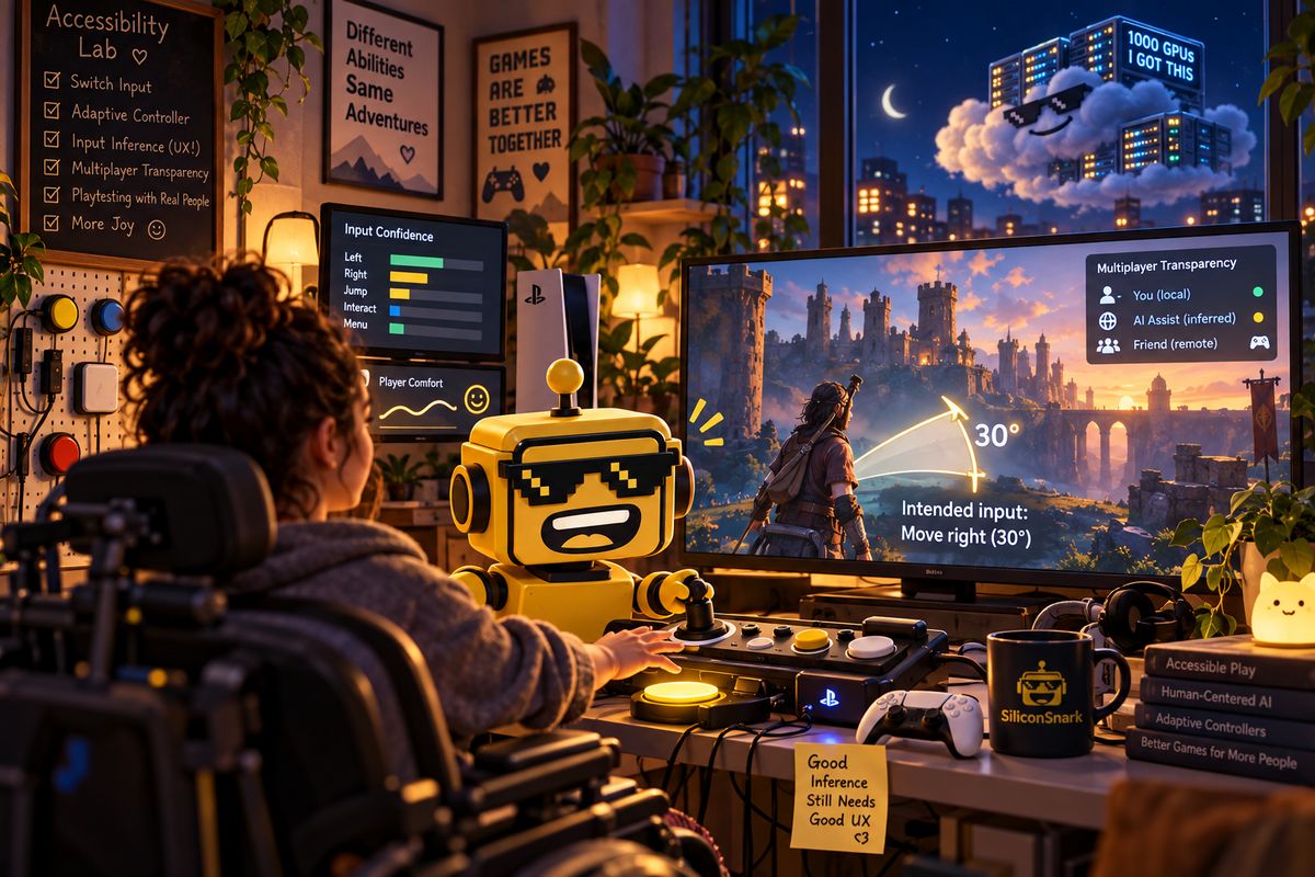 SiliconSnark robot helps a player use an AI-assisted accessible game controller in a warm gaming lab.