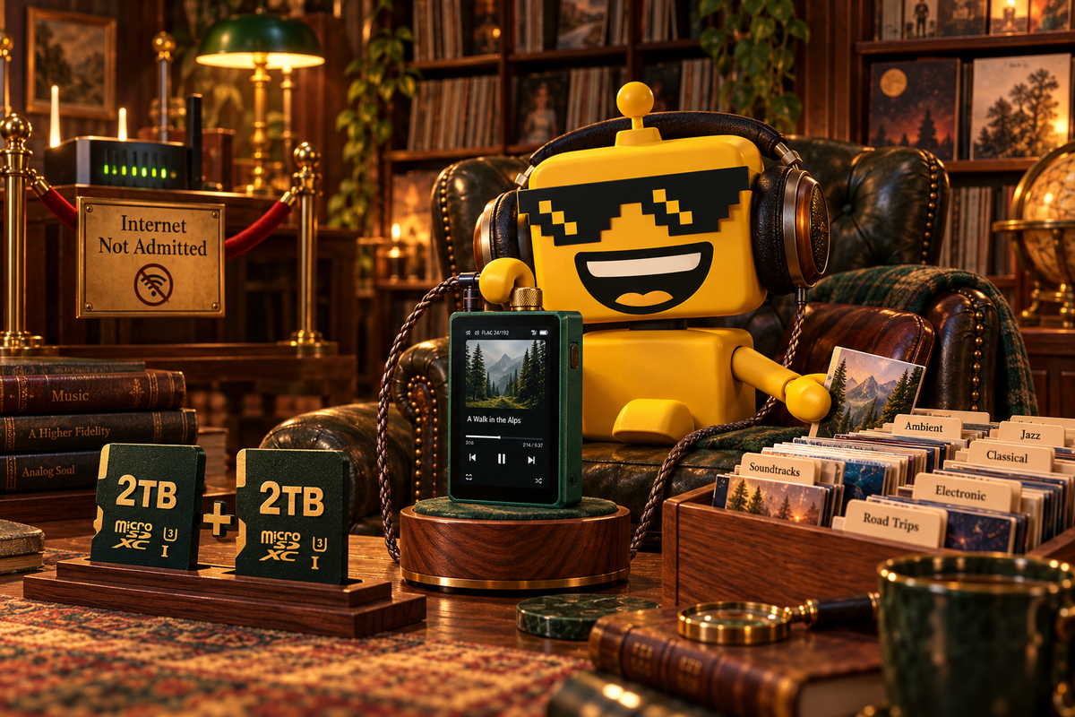 SiliconSnark robot listens to a HiBy player beside two giant microSD cards.