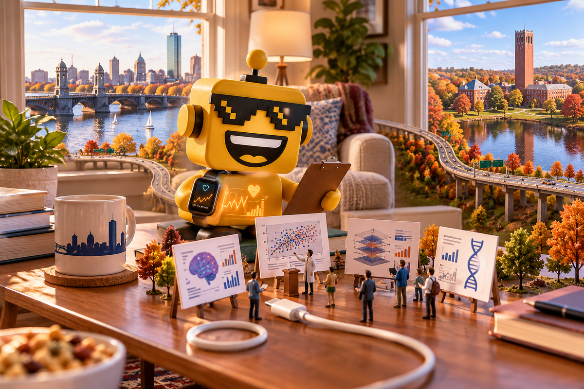 SiliconSnark robot reviews smartwatch research in a living room overlooking Boston and UMass Amherst.