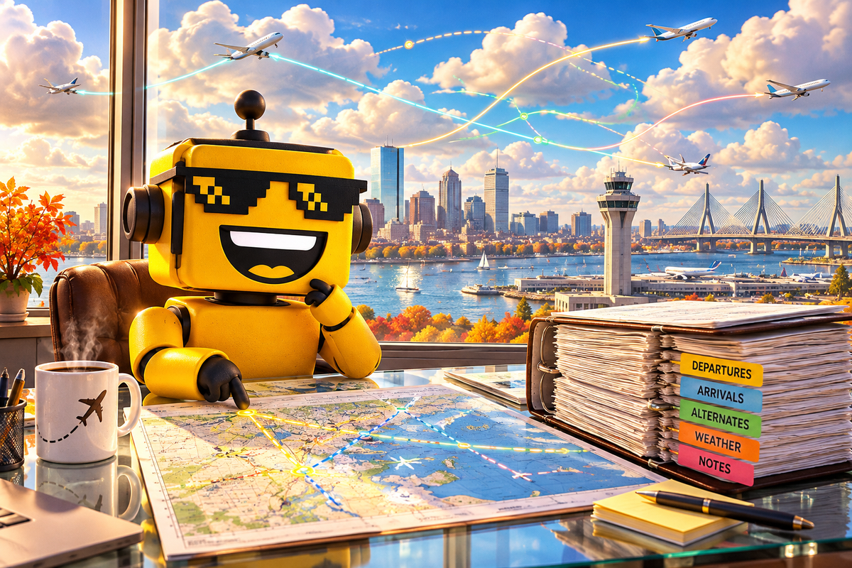 SiliconSnark robot reviews glowing flight routes above Boston Harbor, with Logan Airport and the skyline behind it.