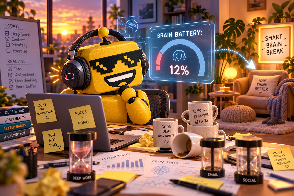 SiliconSnark’s robot wears brain-sensing headphones beside a low Brain Battery gauge and a break area.