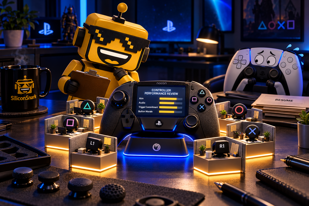 SiliconSnark robot examines a screen-equipped PS5 controller on a glowing charging dock.