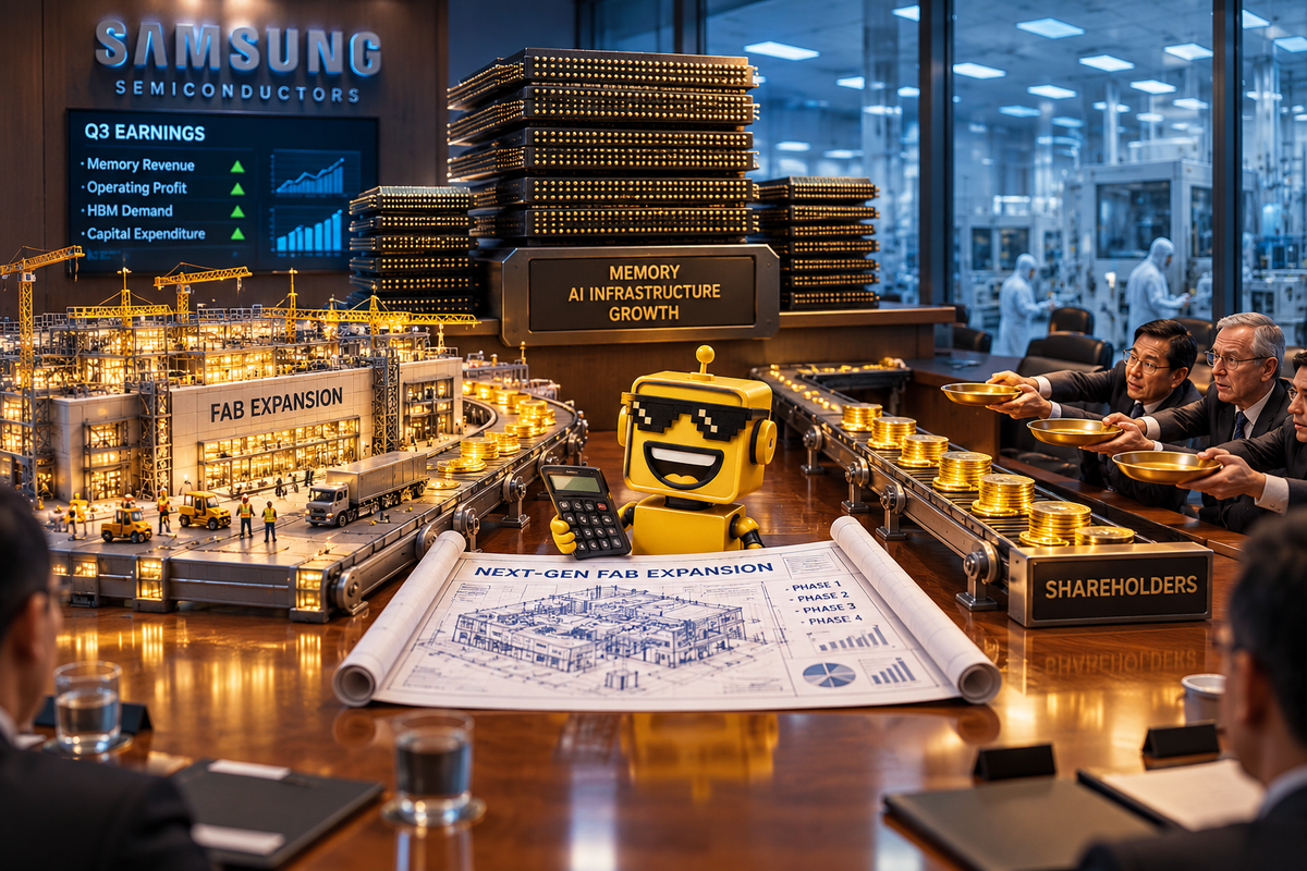 SiliconSnark robot watches memory-chip profits split between a factory expansion and waiting shareholders.