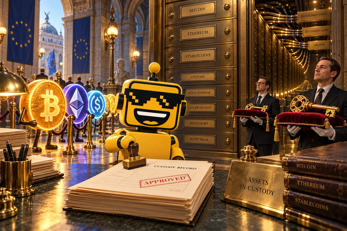 SiliconSnark robot files crypto custody forms beside glowing tokens and oversized keys in a European bank vault.