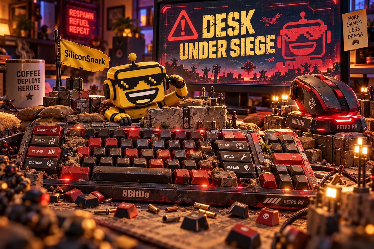 SiliconSnark robot guards a Gears of War-themed keyboard and mouse in a miniature PC battlefield.