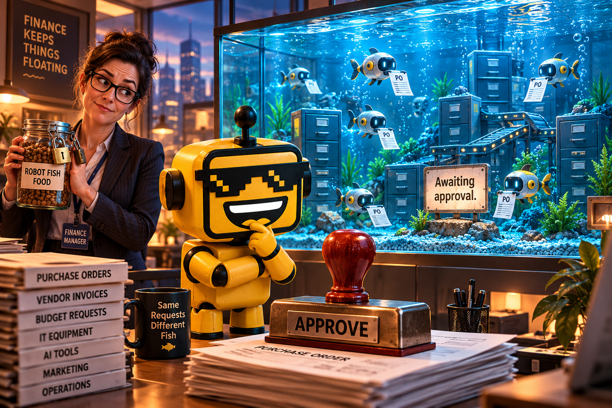 SiliconSnark robot watches office-agent fish await approval while a finance manager holds their food jar.