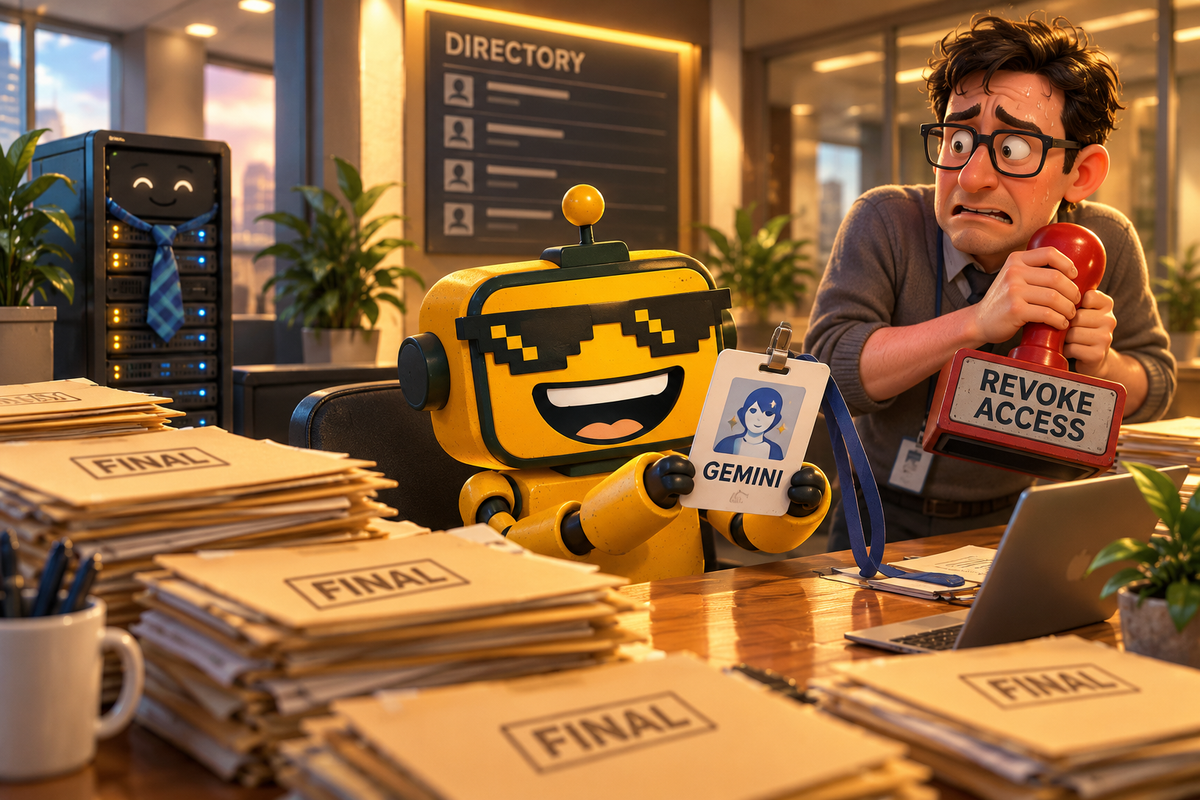 SiliconSnark robot inspects a Gemini employee badge while an IT administrator holds a revoke-access stamp.