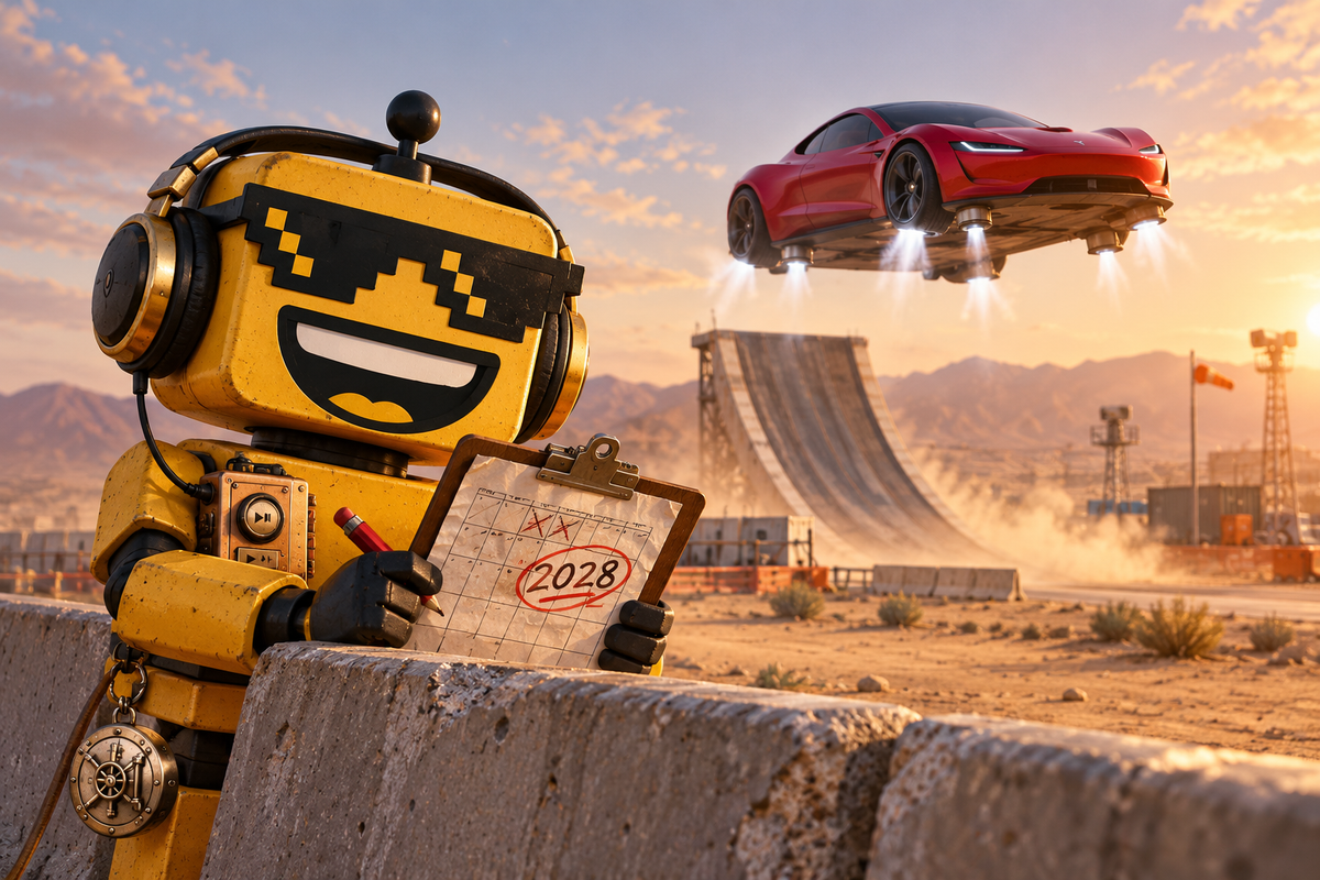 The SiliconSnark robot peeks over a concrete barrier, wearing gold headphones, as a red flying roadster hovers above a test ramp on puffs of compressed air.