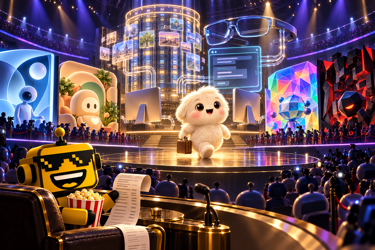 A fuzzy AI mascot enters an arena of rival tech companies as the yellow SiliconSnark robot watches with popcorn.