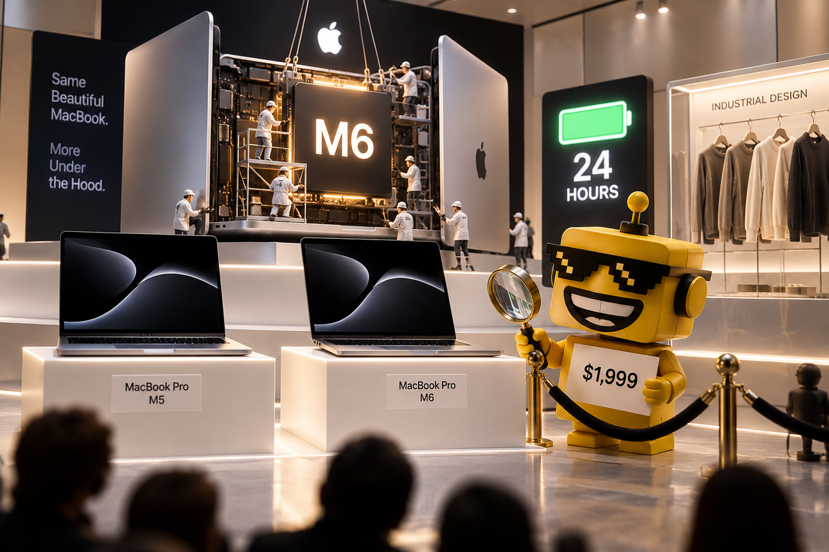 SiliconSnark’s robot compares two identical MacBook Pros as technicians install a glowing M6 chip.