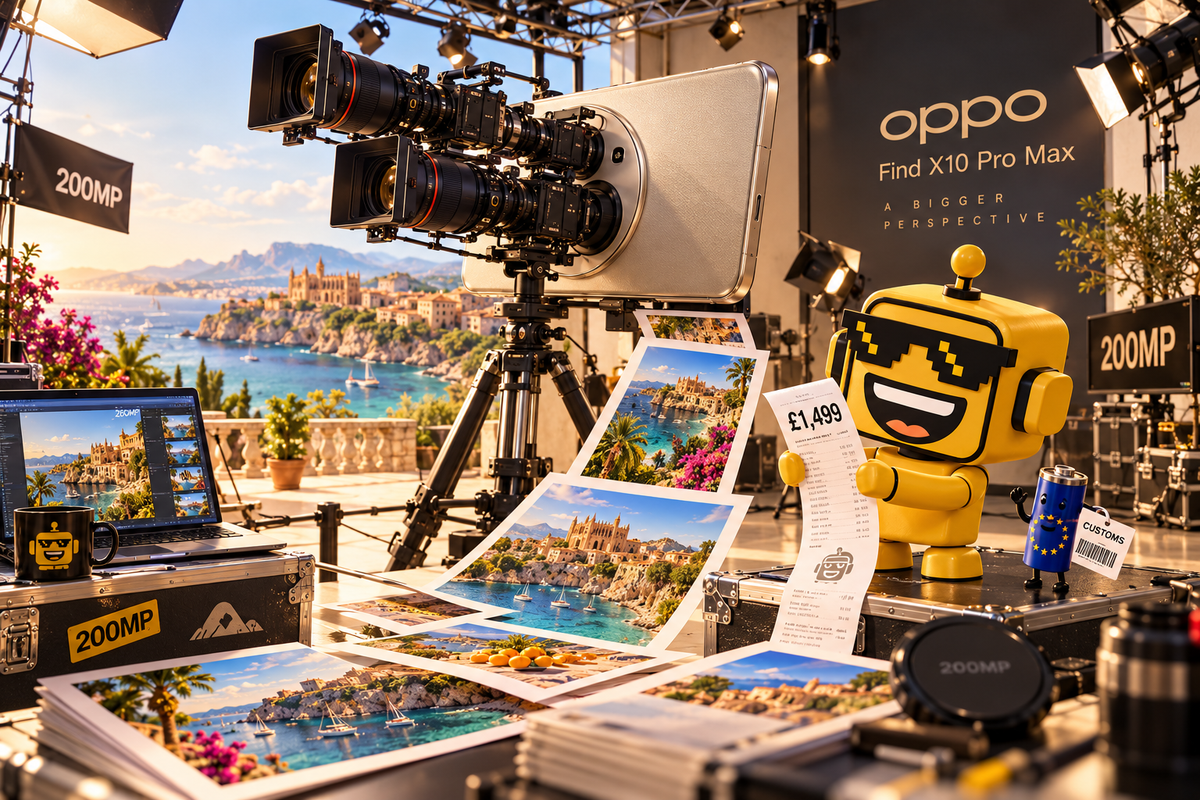 SiliconSnark robot holds a long receipt beside an OPPO phone with three giant camera lenses.